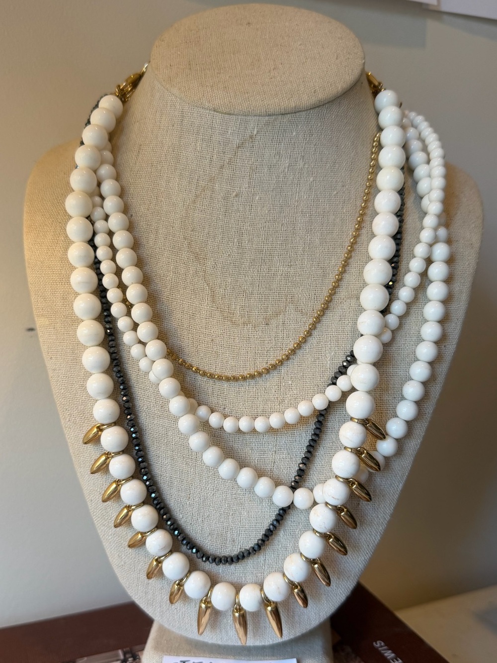 Stella & Dot White Multi-Strand Necklace with Gold Spike Accents